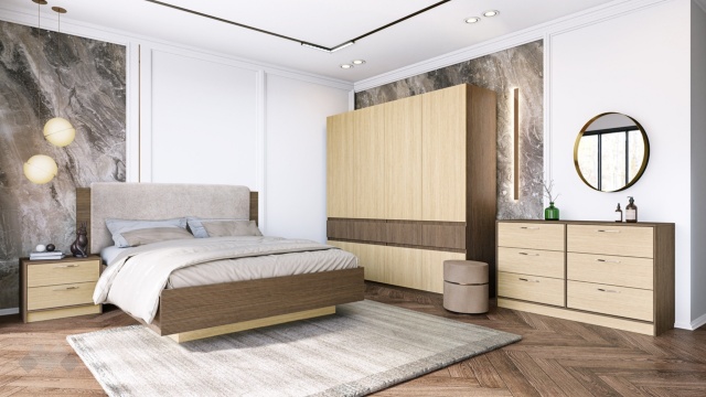 Спален комплект Мирела дъб линеа с орех линеа - МебелМаг Спален комплект Мирела дъб линеа с орех линеа