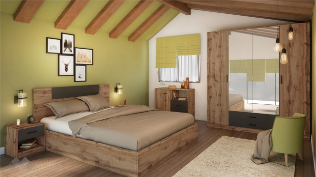 Спален комплект Олга с включен матрак Бонел 160/200 дъб дакота с графит - МебелМаг Спален комплект Олга с включен матрак Бонел 160/200 дъб дакота с графит