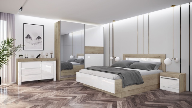 Спален комплект Ариа сонома арвен с бяло гланц - МебелМаг Спален комплект Ариа сонома арвен с бяло гланц