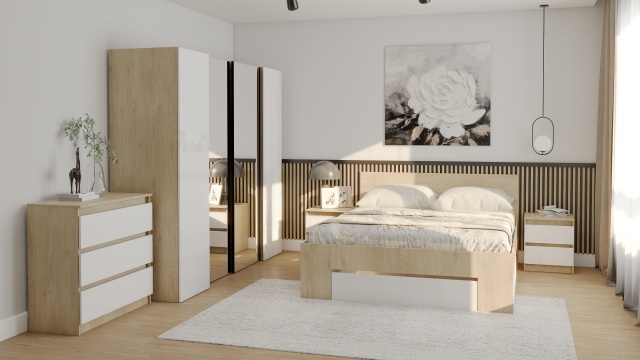 Спален комплект Лорис дъб кремона с бял гланц - МебелМаг Спален комплект Лорис дъб кремона с бял гланц