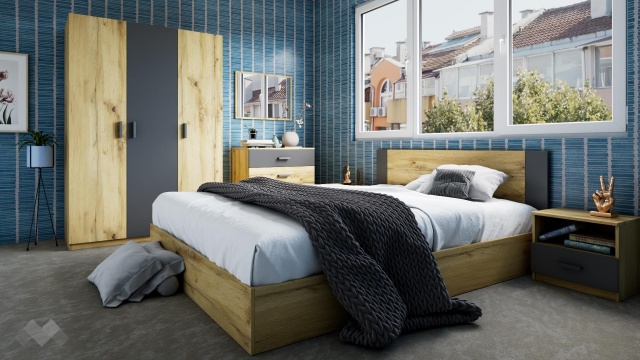 Спален комплект Малена светъл вотан с антрацит - МебелМаг Спален комплект Малена светъл вотан с антрацит