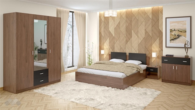 Спален комплект Дрийм с включен матрак Бонел 160/200 тъмен кедър с черно шагре - МебелМаг Спален комплект Дрийм с включен матрак Бонел 160/200 тъмен кедър с черно шагре