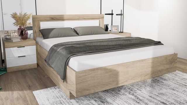 Спалня с нощни шкафчета 160/200 Аделаида сонома арвен с бял гланц - МебелМаг Спалня с нощни шкафчета 160/200 Аделаида сонома арвен с бял гланц