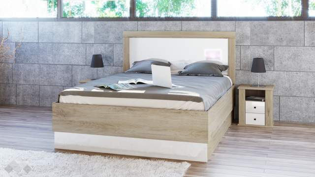 Спалня с нощни шкафчета 160/200 Фрида с включен матрак Бонел 160/200 сонома арвен с бяло гланц хайглос - МебелМаг Спалня с нощни шкафчета 160/200 Фрида с включен матрак Бонел 160/200 сонома арвен с бяло гланц хайглос