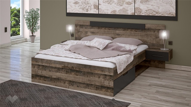 Спалня с нощни шкафчета 160/200 Каляри колониален дъб с черно - МебелМаг Спалня с нощни шкафчета 160/200 Каляри колониален дъб с черно