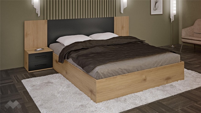 Спалня с нощни шкафчета 160/200 Ламела с включен матрак Бонел 160/200 дъб канела с дъб ламела и черно шагре