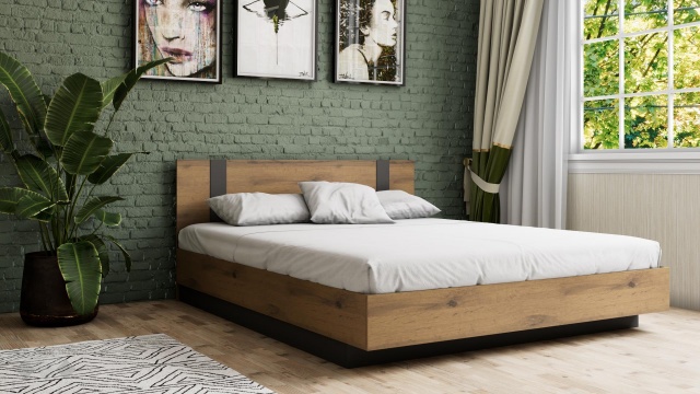 Спалня 160/200 Оптима с включен матрак Бонел 160/200 дъб вотан с черно - МебелМаг Спалня 160/200 Оптима с включен матрак Бонел 160/200 дъб вотан с черно