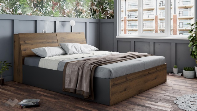 Спалня с ракла 180/200 Хироу с включен матрак Бонел 180/200 дъб вотан с черно шагре - МебелМаг Спалня с ракла 180/200 Хироу с включен матрак Бонел 180/200 дъб вотан с черно шагре