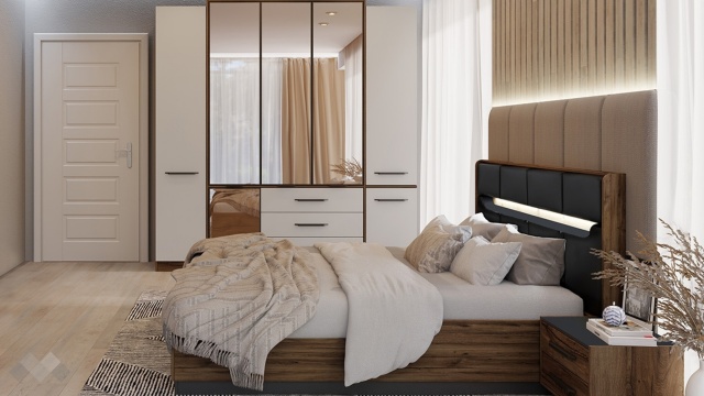 Спален комплект Норел кафяв дъб пиемона със сатен и графит - МебелМаг Спален комплект Норел кафяв дъб пиемона със сатен и графит