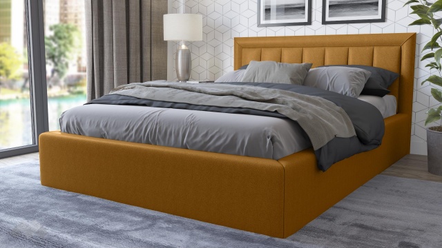 Тапицирана спалня 140/200 Бори с включен матрак Бонел 140/200 горчица - МебелМаг Тапицирана спалня 140/200 Бори с включен матрак Бонел 140/200 горчица