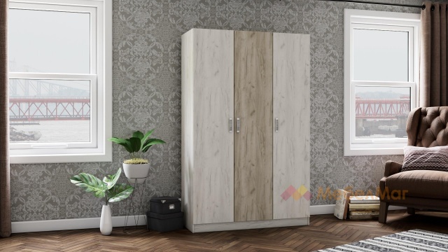 Гардероб Адам трикрилни дъб крафт бял с дъб крафт сив - МебелМаг Гардероб Адам трикрилни дъб крафт бял с дъб крафт сив