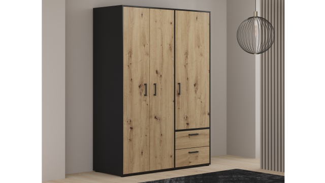 Гардероб Мониса трикрилни дъб артисан с черно - МебелМаг Гардероб Мониса трикрилни дъб артисан с черно