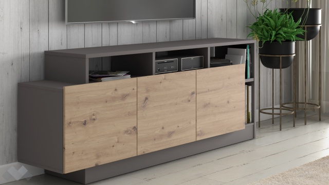 ТВ шкаф Ариса с открити рафтове дъб артисан със сиво - МебелМаг ТВ шкаф Ариса с открити рафтове дъб артисан със сиво