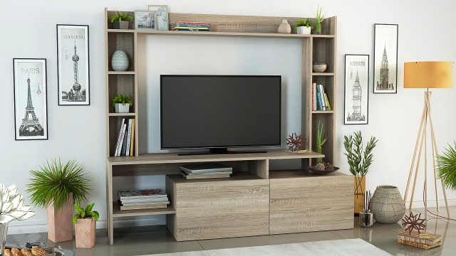 ТВ шкаф Боди с открити рафтове тъмна сонома - МебелМаг ТВ шкаф Боди с открити рафтове тъмна сонома