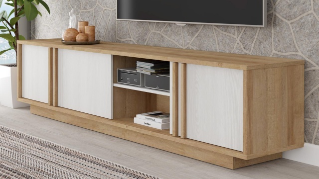 ТВ шкаф Сандувал с открити рафтове светъл вотан със снежен дъб - МебелМаг ТВ шкаф Сандувал с открити рафтове светъл вотан със снежен дъб