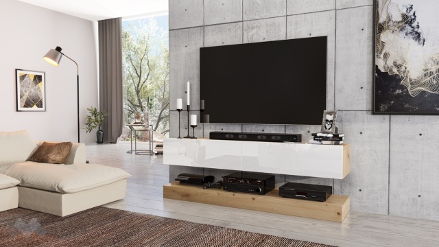 ТВ шкаф Толедо дъб артисан с МДФ бяло гланц - МебелМаг ТВ шкаф Толедо дъб артисан с МДФ бяло гланц