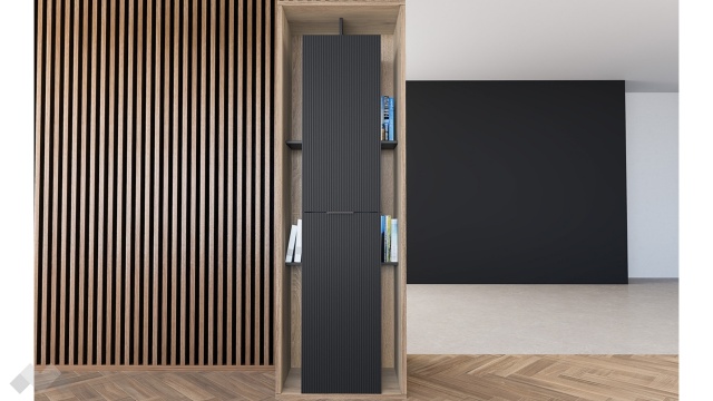 Висок шкаф с две врати Фамо сонома арвен с графит и карбон мат - МебелМаг Висок шкаф с две врати Фамо сонома арвен с графит и карбон мат