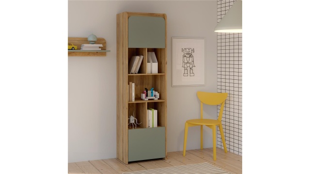 Висок шкаф Холис с открити рафтове дъб маувела с олив - МебелМаг Висок шкаф Холис с открити рафтове дъб маувела с олив