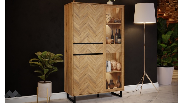 Висок шкаф с витрина Никодис с витрина дъб натурал с черен мат и житен дъб - МебелМаг Висок шкаф с витрина Никодис с витрина дъб натурал с черен мат и житен дъб