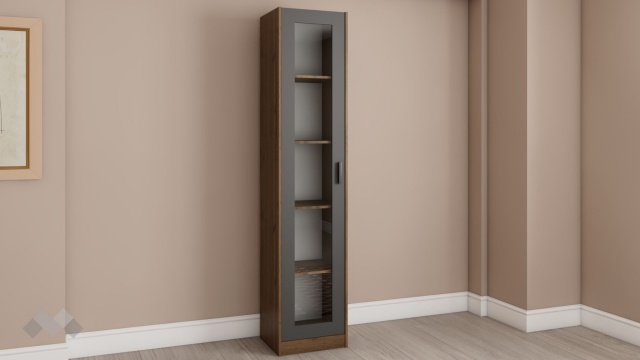 Висок шкаф с витрина Хироу с витрина дъб вотан с черно шагре - МебелМаг Висок шкаф с витрина Хироу с витрина дъб вотан с черно шагре