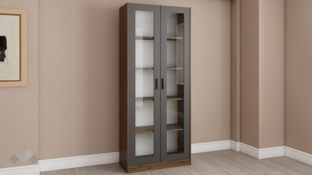 Висок шкаф с витрина Хироу с витрина дъб вотан с черно шагре - МебелМаг Висок шкаф с витрина Хироу с витрина дъб вотан с черно шагре