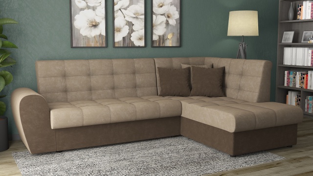 Ъглов диван Белла S с посока бежов с тъмно кафяво - МебелМаг Ъглов диван Белла S с посока бежов с тъмно кафяво