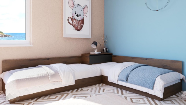 Ъглови легла 82/190 Хироу с включени матраци Бонел 82/190 дъб вотан с черно шагре - МебелМаг Ъглови легла 82/190 Хироу с включени матраци Бонел 82/190 дъб вотан с черно шагре