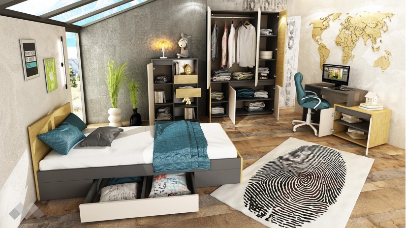 Детски спален комплект Тоби с включен матрак Бонел 90/200 графит със златен дъб и кашмир - изглед 2 - МебелМаг Детски спален комплект Тоби с включен матрак Бонел 90/200 графит със златен дъб и кашмир - изглед 2