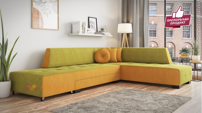 Ъглов диван Сохо с посока зелено с манго - изглед 1 - МебелМаг Ъглов диван Сохо с посока зелено с манго - изглед 1