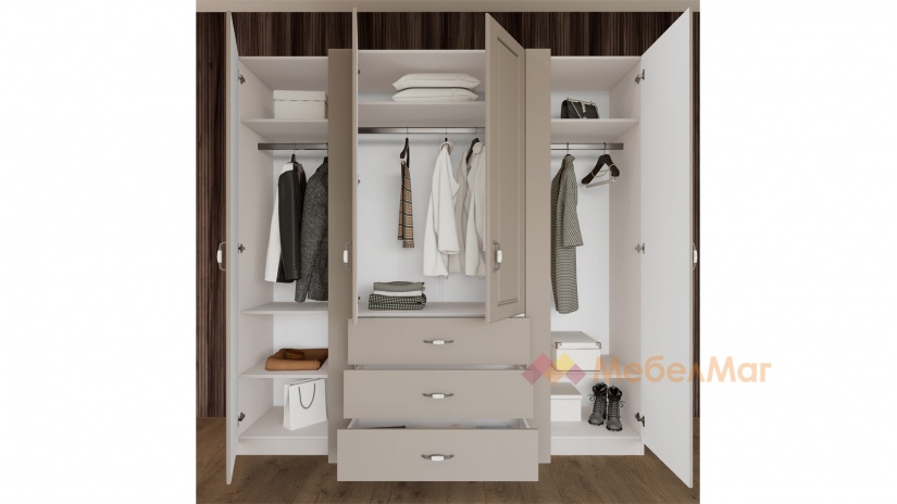 Гардероб Еридан четирикрилни кашмир с капучино мат - изглед 2 - МебелМаг Гардероб Еридан четирикрилни кашмир с капучино мат - изглед 2