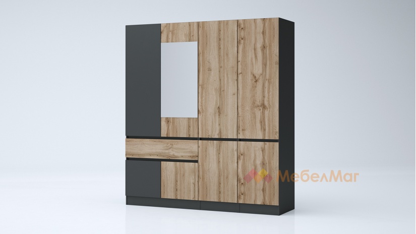 Гардероб Борей четирикрилни дъб вотан с антрацит - изглед 1 - МебелМаг Гардероб Борей четирикрилни дъб вотан с антрацит - изглед 1
