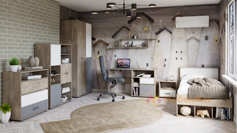 Гардероб Мито двукрилни дъб суров с бяло и кобалтово сиво - изглед 3 - МебелМаг Гардероб Мито двукрилни дъб суров с бяло и кобалтово сиво - изглед 3