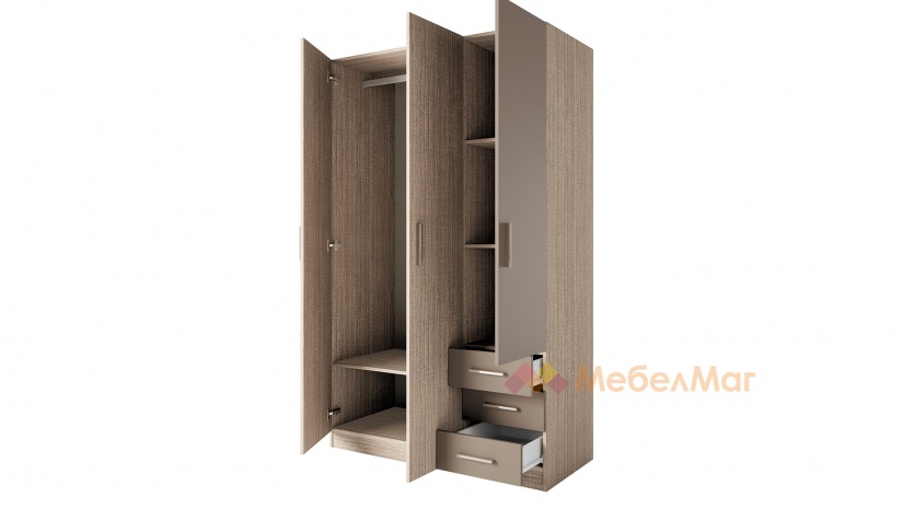 Гардероб Калия трикрилни мока с лате - изглед 3 - МебелМаг Гардероб Калия трикрилни мока с лате - изглед 3