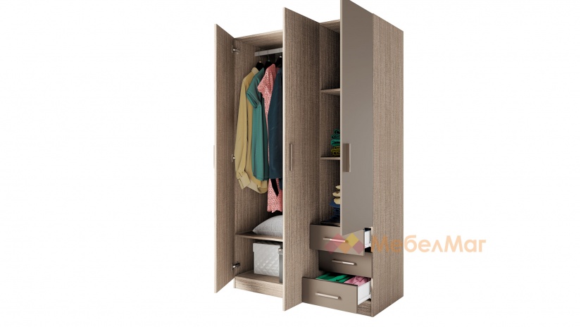 Гардероб Калия трикрилни мока с лате - изглед 2 - МебелМаг Гардероб Калия трикрилни мока с лате - изглед 2
