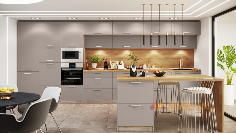 Кухня Америка с остров сонома арвен с капучино мат - изглед 1 - МебелМаг Кухня Америка с остров сонома арвен с капучино мат - изглед 1