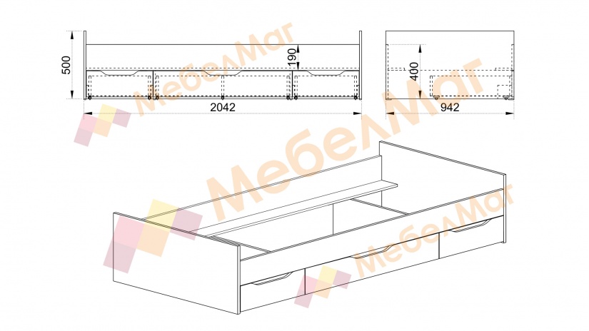 Легло с чекмеджета 90/200 Скайлър орех адмирал - изглед 2 - МебелМаг Легло с чекмеджета 90/200 Скайлър орех адмирал - изглед 2