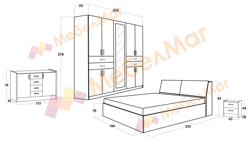 Спален комплект Хироу Х2 дъб вотан с черно шагре - изглед 2 - МебелМаг Спален комплект Хироу Х2 дъб вотан с черно шагре - изглед 2