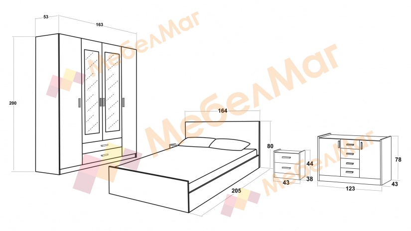 Спален комплект Хироу Х1 дъб вотан с черно шагре - изглед 2 - МебелМаг Спален комплект Хироу Х1 дъб вотан с черно шагре - изглед 2
