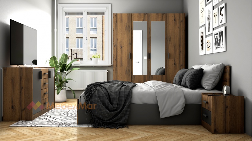 Спален комплект Хироу Х1 дъб вотан с черно шагре - изглед 1 - МебелМаг Спален комплект Хироу Х1 дъб вотан с черно шагре - изглед 1