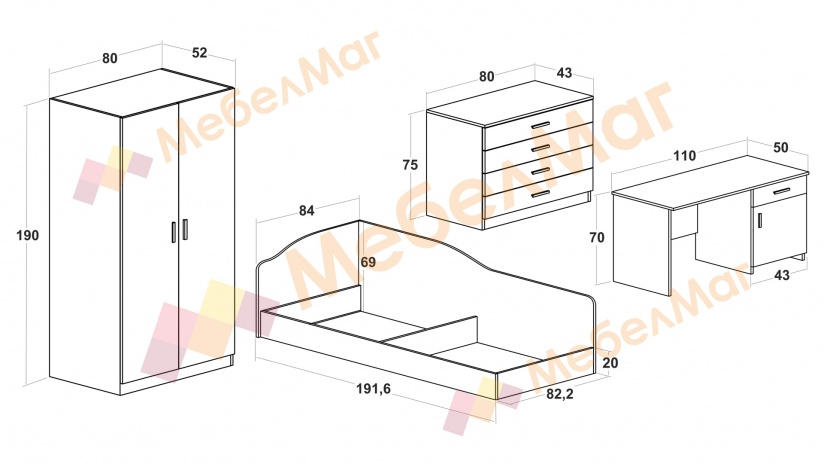 Детски спален комплект Шайн К1 бял гланц - изглед 2 - МебелМаг Детски спален комплект Шайн К1 бял гланц - изглед 2