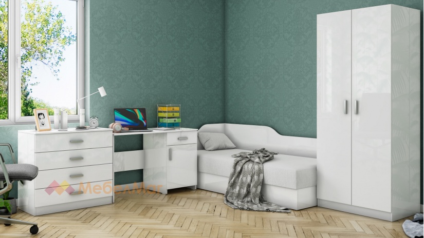 Детски спален комплект Шайн К1 бял гланц - изглед 1 - МебелМаг Детски спален комплект Шайн К1 бял гланц - изглед 1