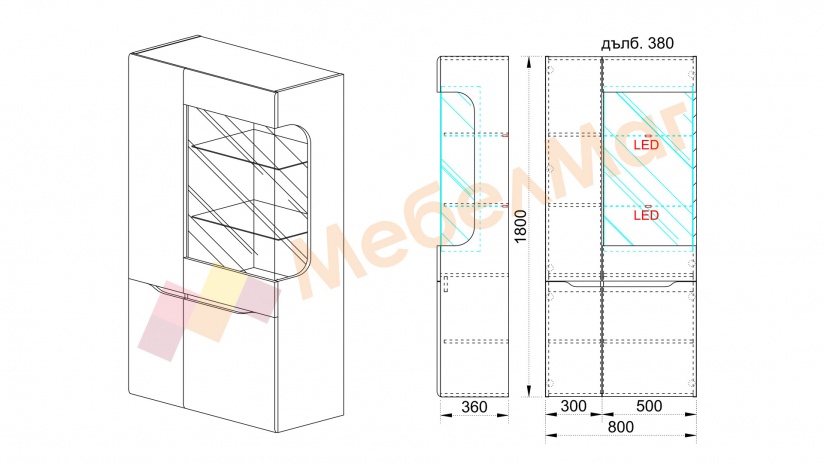 Витрина Бос бяло гланц с дъб сонома - изглед 2