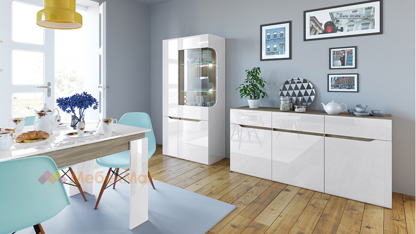 Витрина Бос бяло гланц с дъб сонома - изглед 3