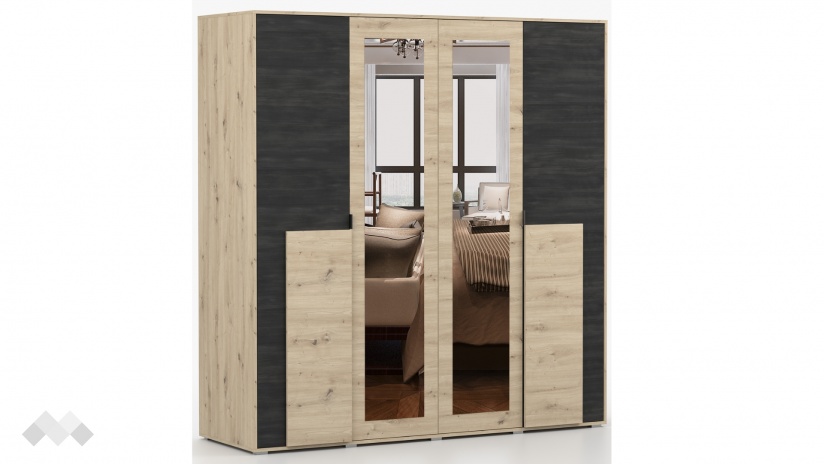 Гардероб Бафра четирикрилни дъб артисан с тъмен норвежки бор - изглед 2 - МебелМаг Гардероб Бафра четирикрилни дъб артисан с тъмен норвежки бор - изглед 2