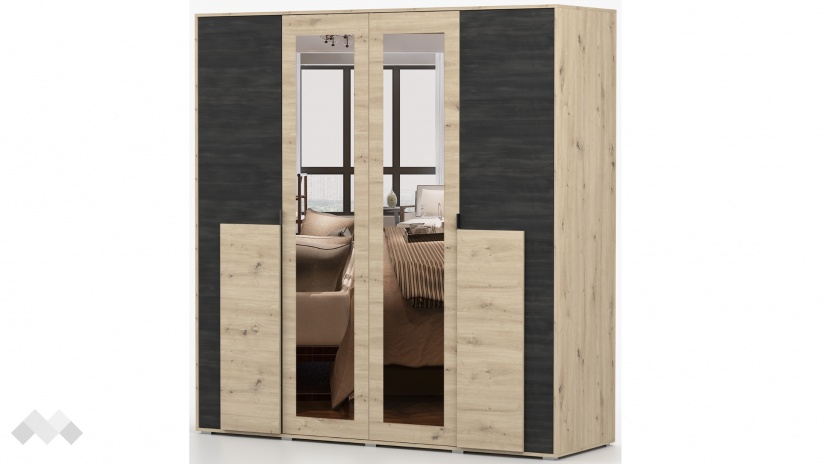 Гардероб Бафра четирикрилни дъб артисан с тъмен норвежки бор - изглед 3 - МебелМаг Гардероб Бафра четирикрилни дъб артисан с тъмен норвежки бор - изглед 3