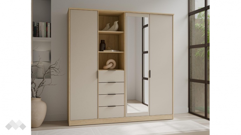 Гардероб Фортелия четирикрилни пясък с дъб пучини - изглед 1 - МебелМаг Гардероб Фортелия четирикрилни пясък с дъб пучини - изглед 1