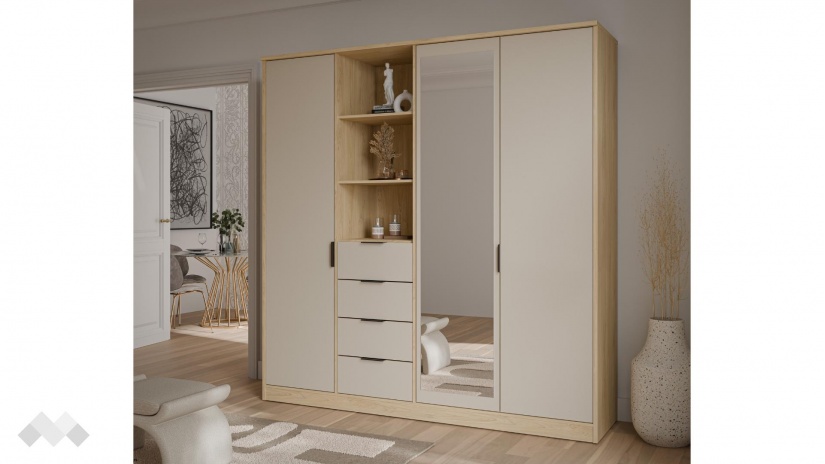 Гардероб Фортелия четирикрилни пясък с дъб пучини - изглед 3 - МебелМаг Гардероб Фортелия четирикрилни пясък с дъб пучини - изглед 3