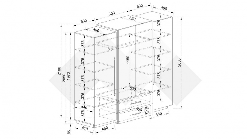 Гардероб Каляри четирикрилни колониален дъб с черно - изглед 3 - МебелМаг Гардероб Каляри четирикрилни колониален дъб с черно - изглед 3