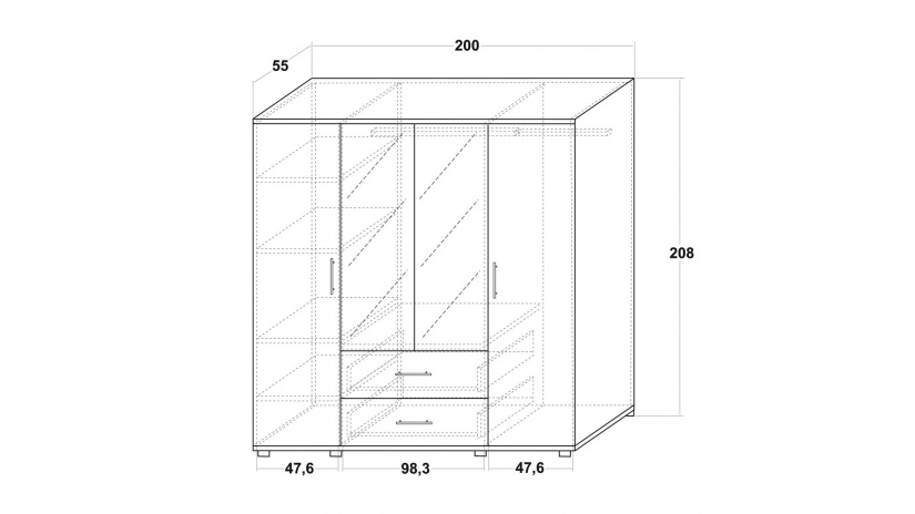 Гардероб Ламела четирикрилни дъб канела с дъб ламела и черно шагре - изглед 3 - МебелМаг Гардероб Ламела четирикрилни дъб канела с дъб ламела и черно шагре - изглед 3