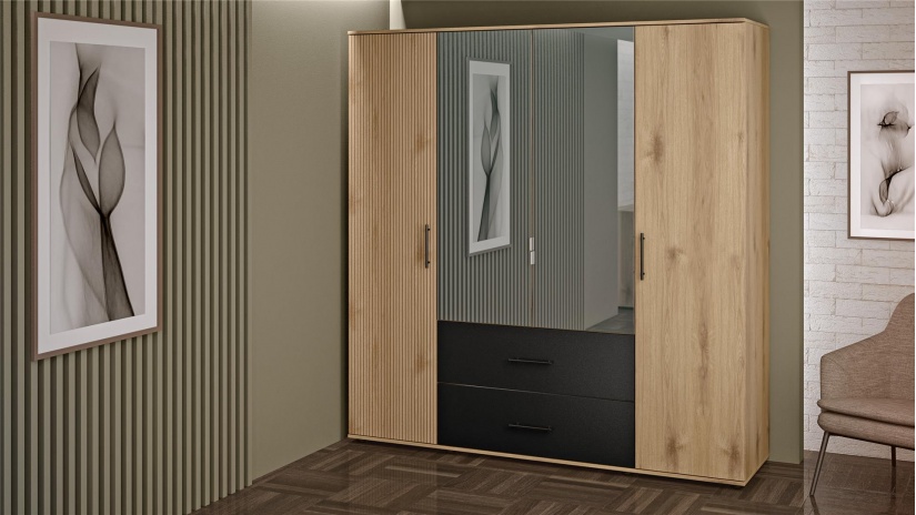 Гардероб Ламела четирикрилни дъб канела с дъб ламела и черно шагре - изглед 1 - МебелМаг Гардероб Ламела четирикрилни дъб канела с дъб ламела и черно шагре - изглед 1